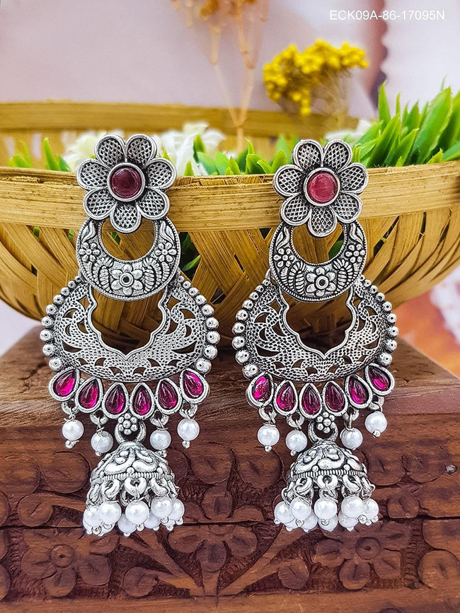 Silver‑Plated Long Jhumka Earrings Hover Image